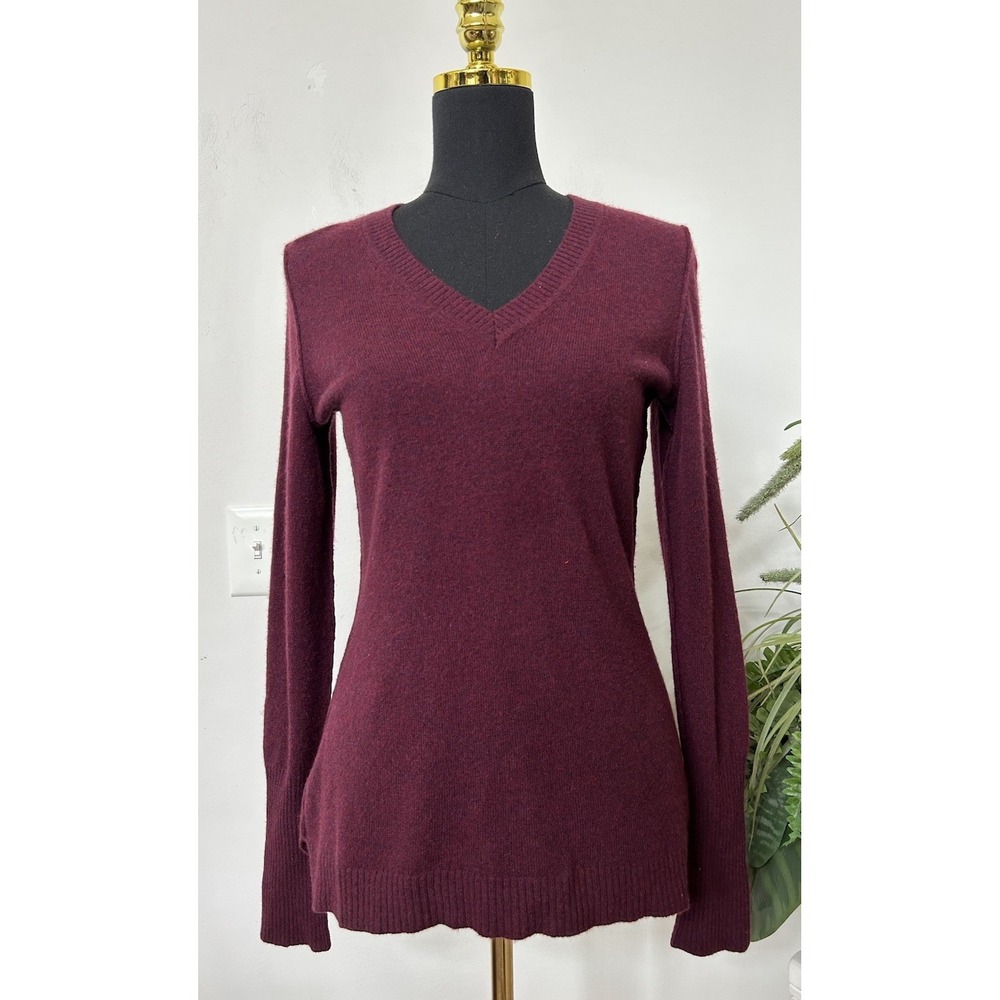 Aqua 100% Cashmere V-Neck Burgundy Long-Sleeve Sweater Quiet Luxury Size M $159